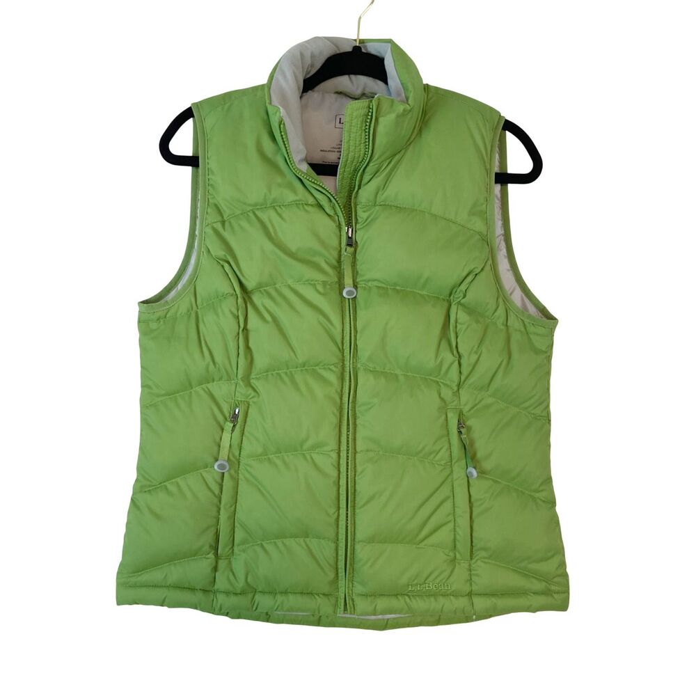 LL Bean Puffer Vest Women's Small Green Goose Down Full Zip Pockets Outdoor